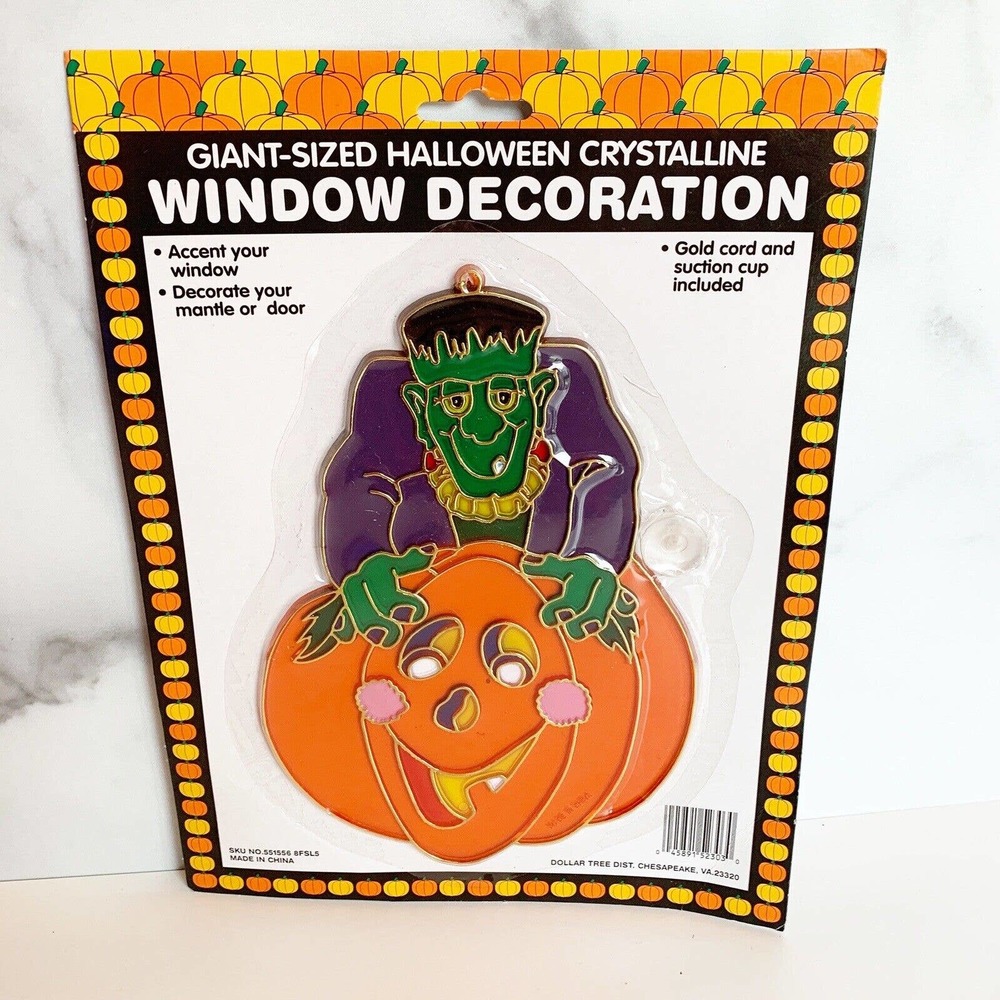 Giant Sized Halloween Crystalline Window Decoration Frankenstein Pumpkin NEW Vtg
